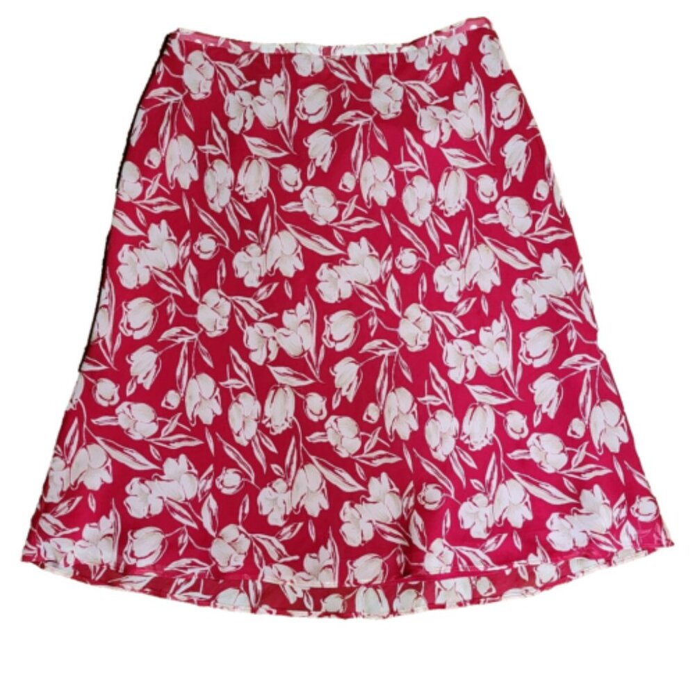 ANN TAYLOR Red White Floral 100% Silk Lined Side Zip Skirt Womens Size 6P